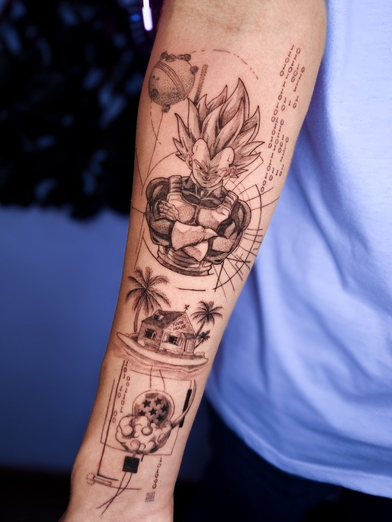 Tatuaje conceptual en sombras de Vegeta y Kame House en el brazo